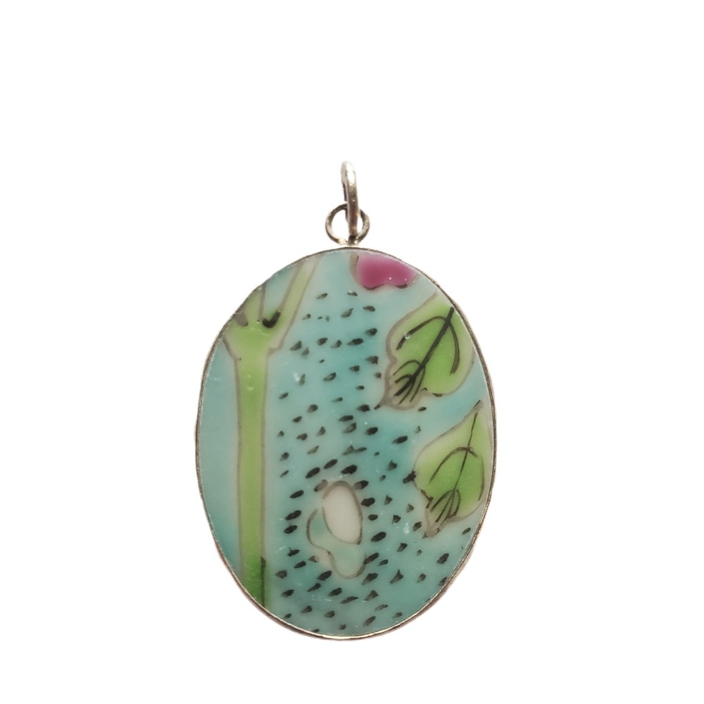 Vintage Floral Oval Pottery Shard Pendant Blue Green Pink Botanical Porcelain